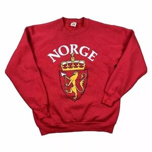 VTG Norway Sweatshirt Unisex Size L Red Fruit Of The Loom Norge Coat Of Arms